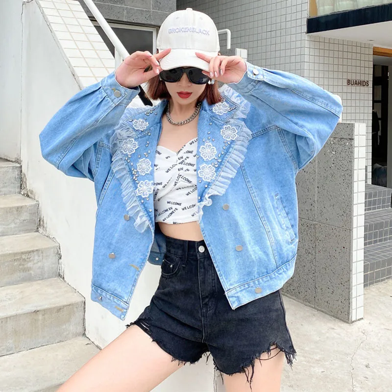 

Куртка женская джинсовая короткая с кружевом, уличная одежда из денима в стиле пэчворк, Повседневная Верхняя одежда с дырками, ручной работ...