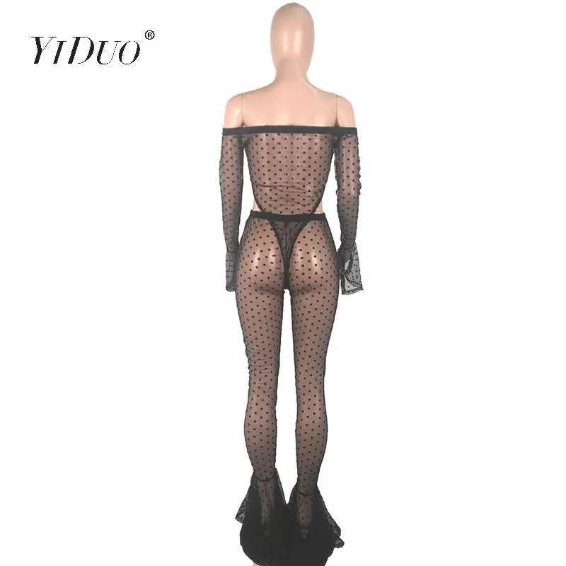 Женское сексуальное Сетчатое боди YiDuo в горошек с открытыми плечами и расклешенные брюки, комплект из двух предметов, цветочный черный цвет от AliExpress WW