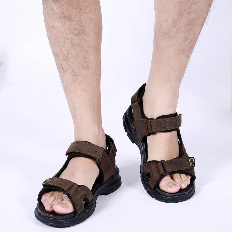 Сандалии мужские летние из натуральной кожи модная Уличная обувь плоская