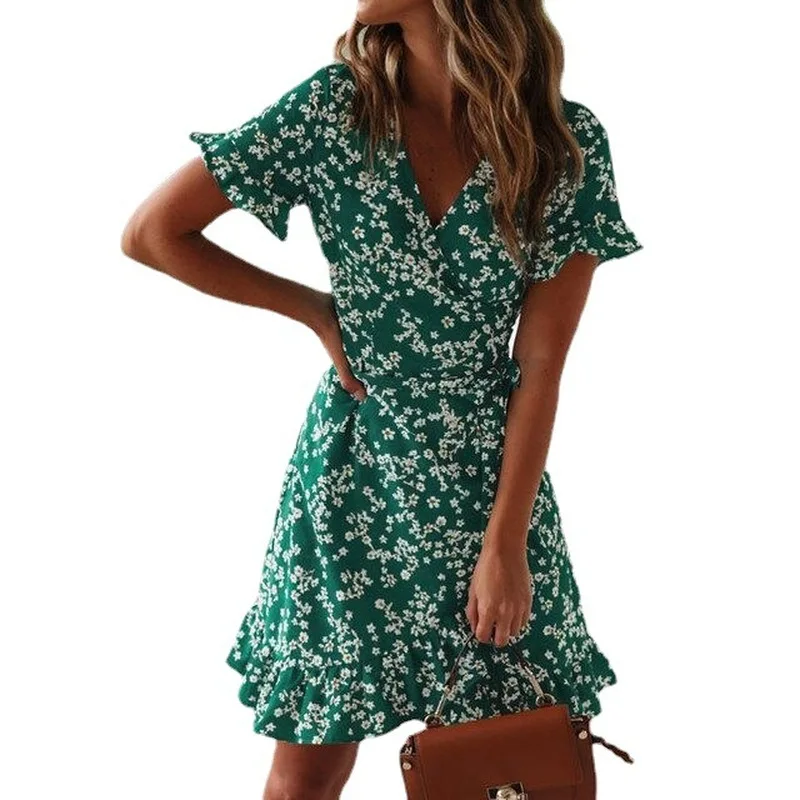 

2020 Summer Women's Sexy Party V-neck Print Bohemian Beach Ruffle Short Sleeve Miniskirt Wrapped in Short A-line Beach Sun Skirt