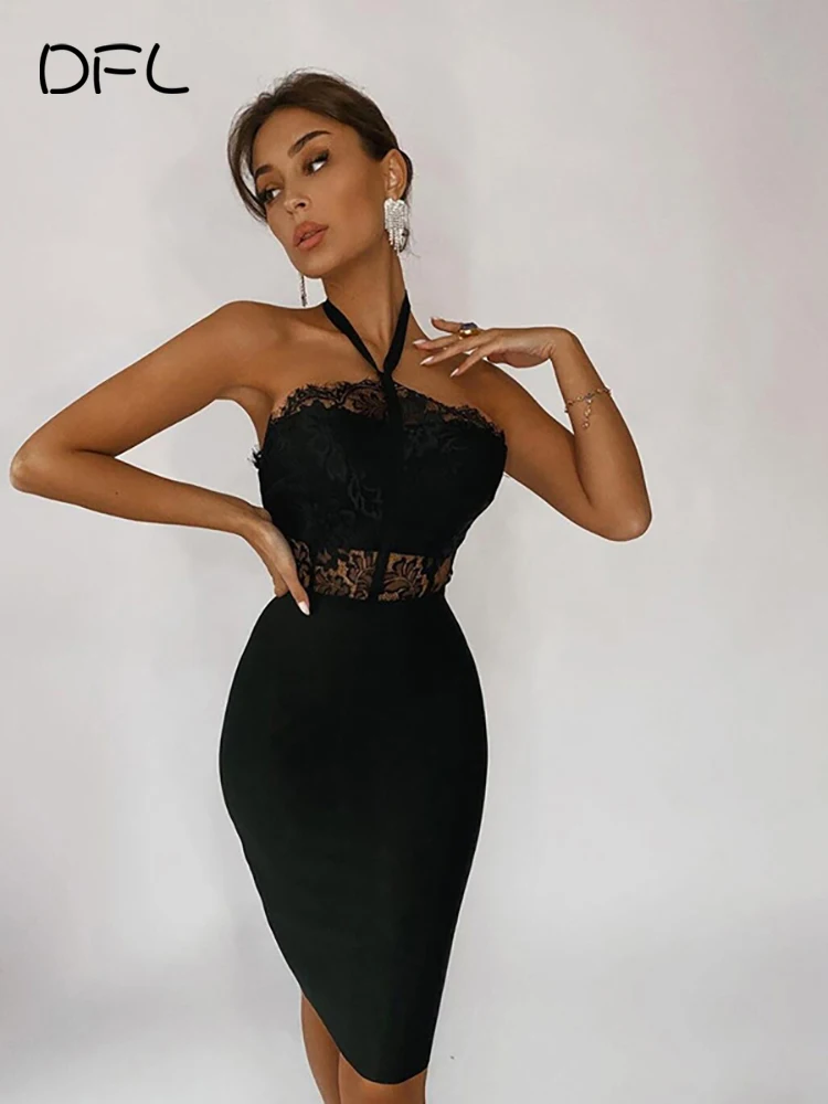 

DFLlifes кружевное женское платье с лямкой на шее, кружевная однотонная женская одежда, элегантные платья для женщин, повседневный тонкий халат...