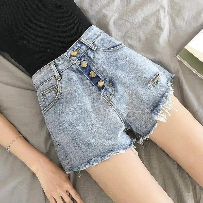 

High Waist Shorts Women Wide Leg Denim Irregular Fur-line Korean Slim Chic New Fashion Summer Hot Short Womens Leisure All-match