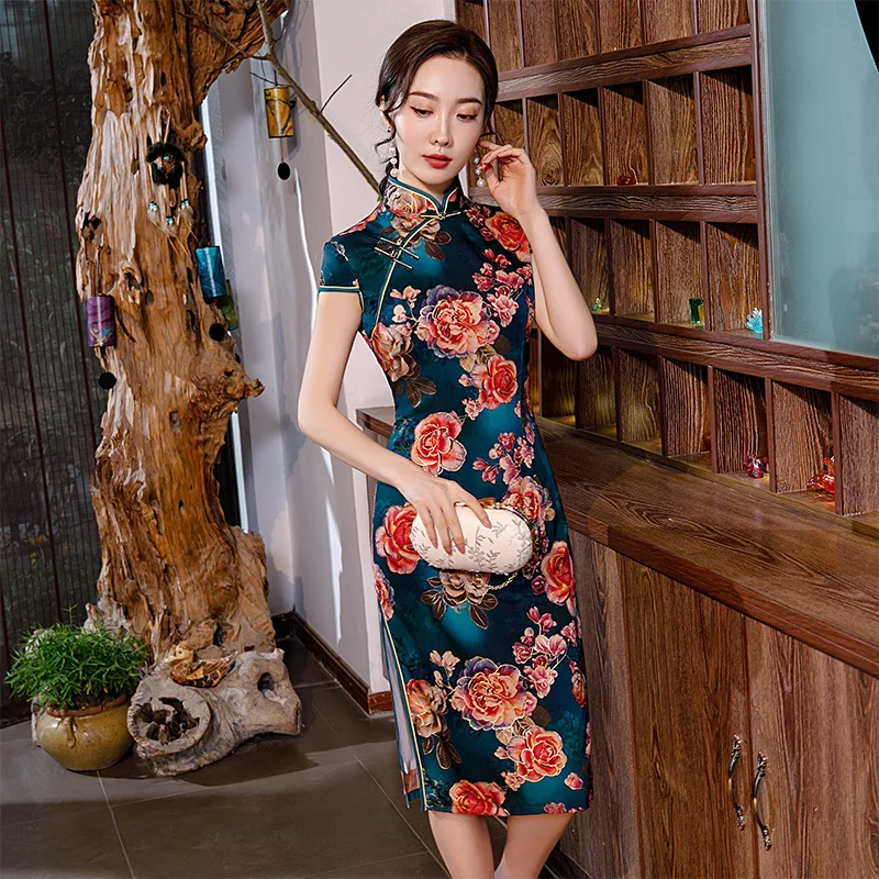 Платье-Ципао шелковое женское в китайском стиле с принтом ретро | Тематическая