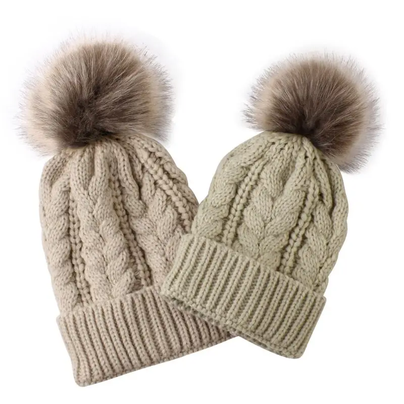 Khaki Комплект из 2 предметов; шапка для мамы и ребенка; одинаковая шапка для семьи; зимняя теплая вязаная шерстяная шапочка; Лыжная шапка - Цвет: Khaki