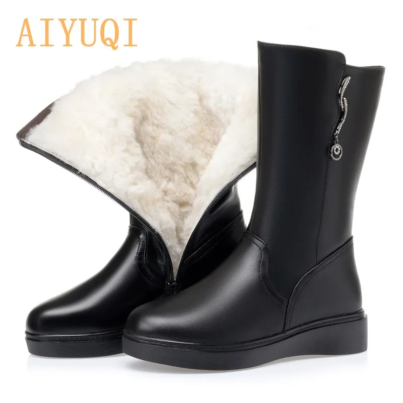 

AIYUQI Women Winter Boots Flat 2021 New Genuine Leather Women's Middle Boots Large Size 41　42　43 Wool Warm Women Snow Boots