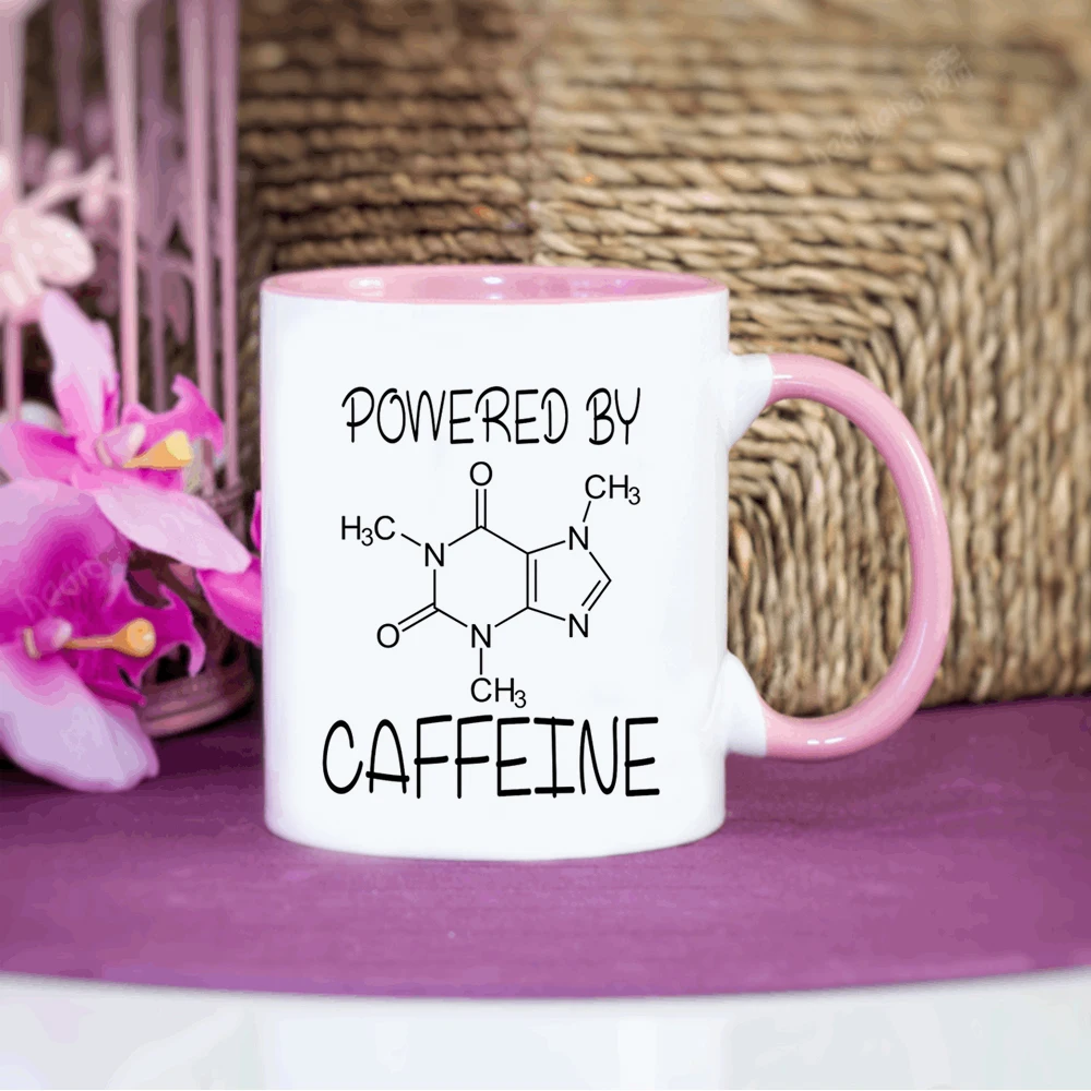 

Power by Caffeine Coffee Mug 11oz Funny Pink Ceramic Travel Tea Milk Cup Lab Friends Chemistry Student Gift Mug