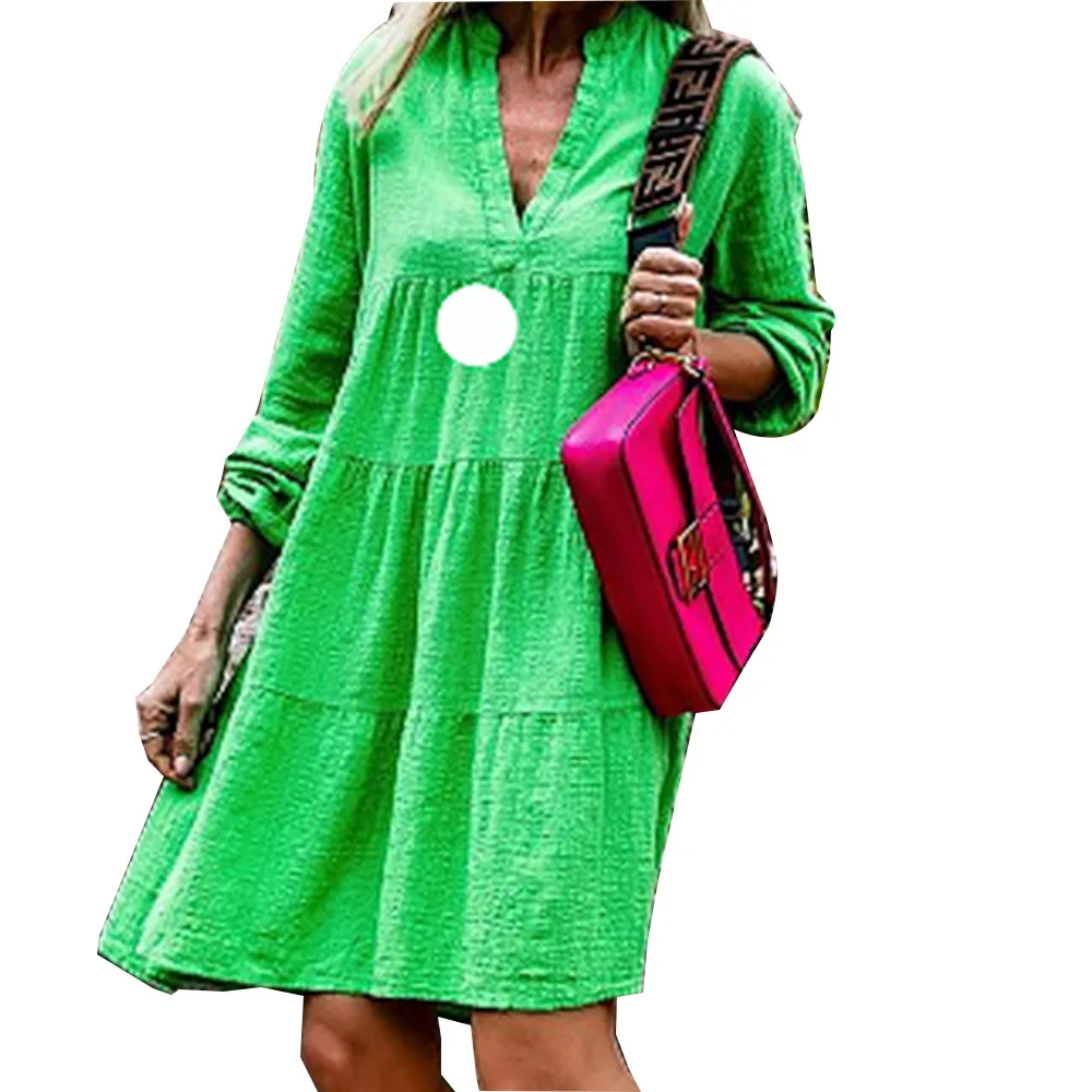 

2021 European and American Style Dress Sexy V-neck Cotton and Linen Wide Hem Loose Long Sleeve plus Size Dress for Women