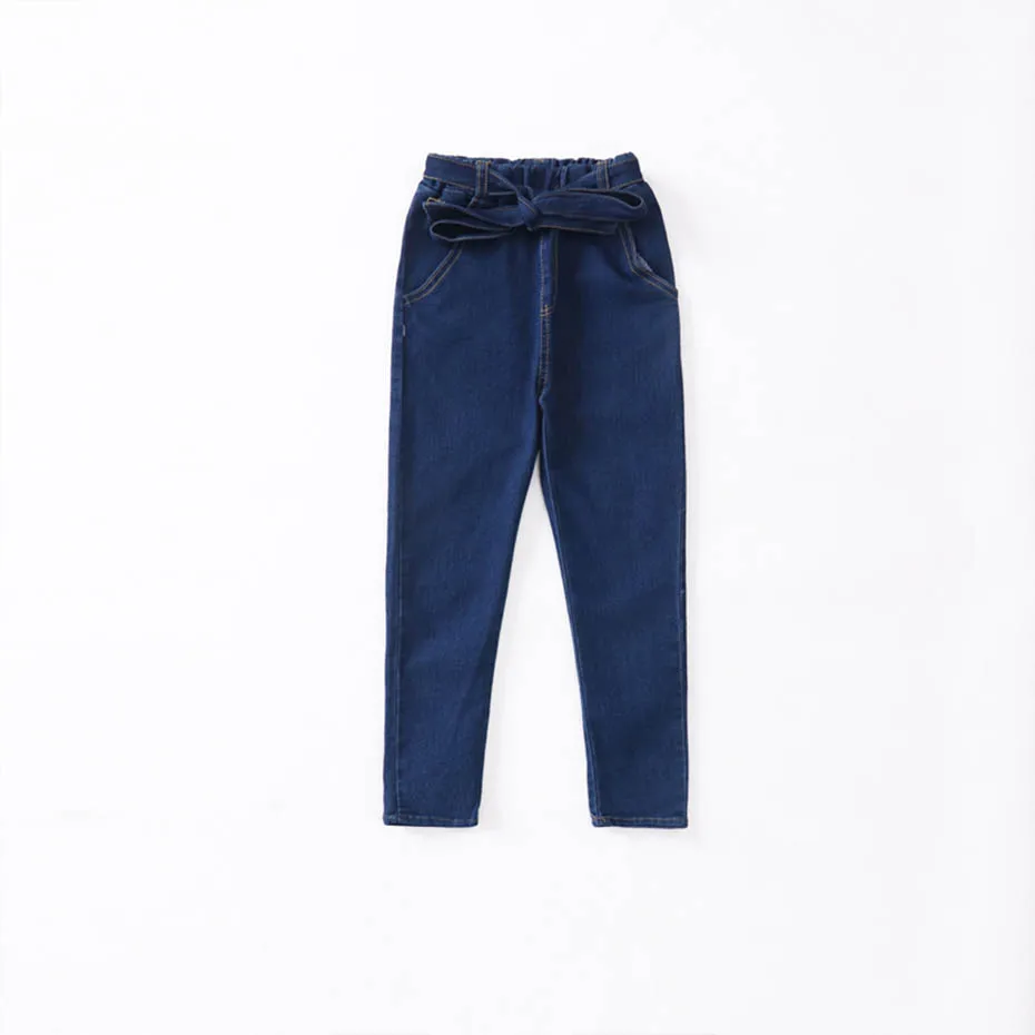 Джинсы для девочек модные джинсы с бантом на поясе детские высокой талией