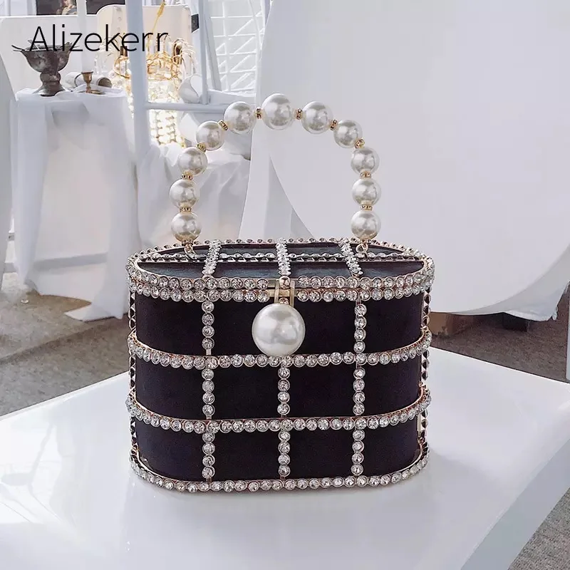 Diamonds Basket Evening Clutch Bags Women 2021 Luxury Hollow Out Preal Beaded Metallic Cage Handbags Ladies Wedding Party Purse