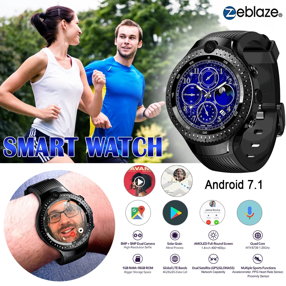 

Zeblaze THOR 4 Dual 4G Smart Watch 16GB Sport Smartwatch GPS GLONASS Quad Core Hybrid Leather Strap Watchs Men For Android IOS