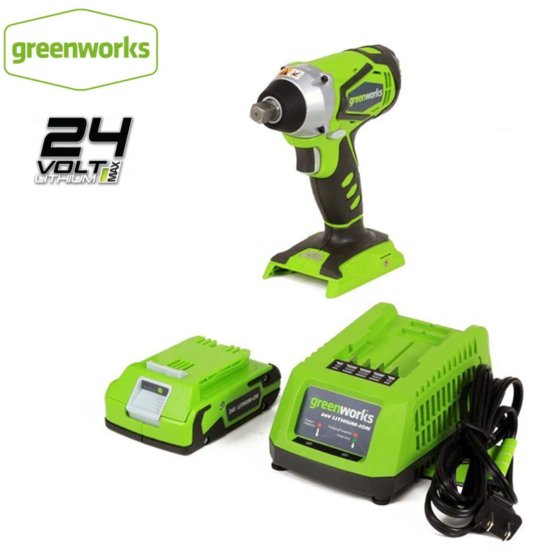 

Ударный гайковерт GREENWORKS, литиевая батарея 24 В, 1/2 дюйма, беспроводной ключ 300 нм, с аккумулятором и зарядным устройством