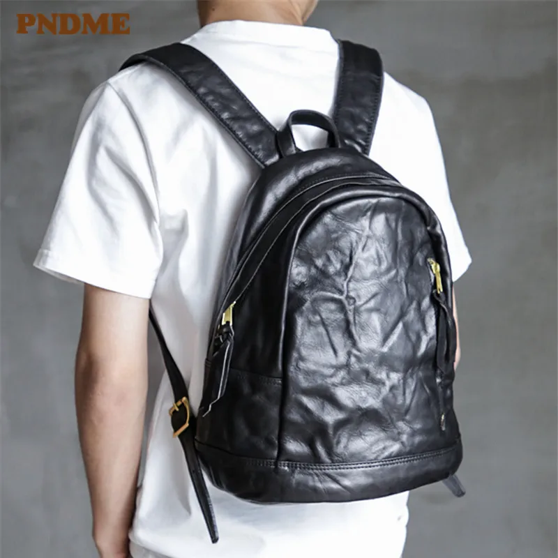 

PNDME fashion luxury genuine leather men's backpack casual natural real leather outdoor travel designer black bookbag for teens