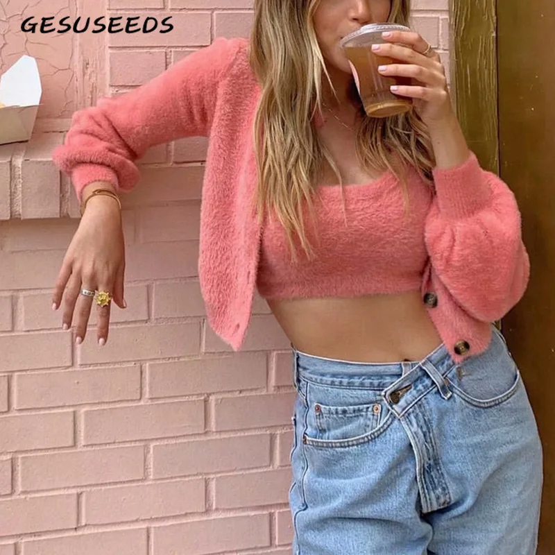 Осенний мохеровый свитер укороченный в Корейском стиле вязаный Укороченный