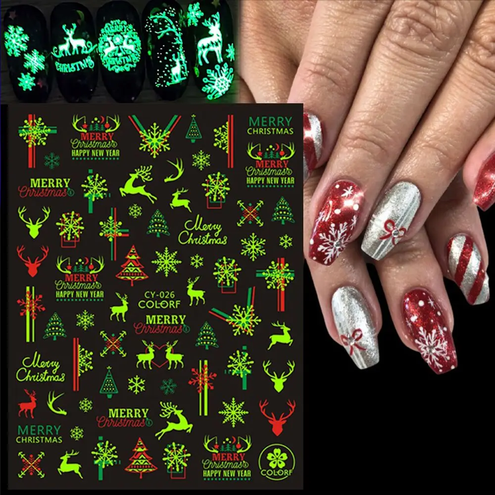 

Winter Elk Glow in the Dark Fluorescent Nail Decals Christmas Nails Stickers DIY Nail Decor Luminous Nail Stickers
