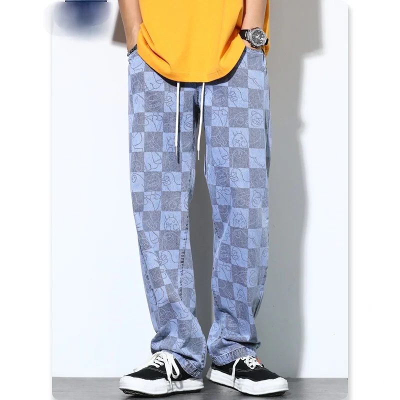 Retro Plaid Men's Jeans New Summer Wide Leg Pants Japanese Streetwear Cartoon Print Fashion Harajuku Trousers Men Baggy | Мужская