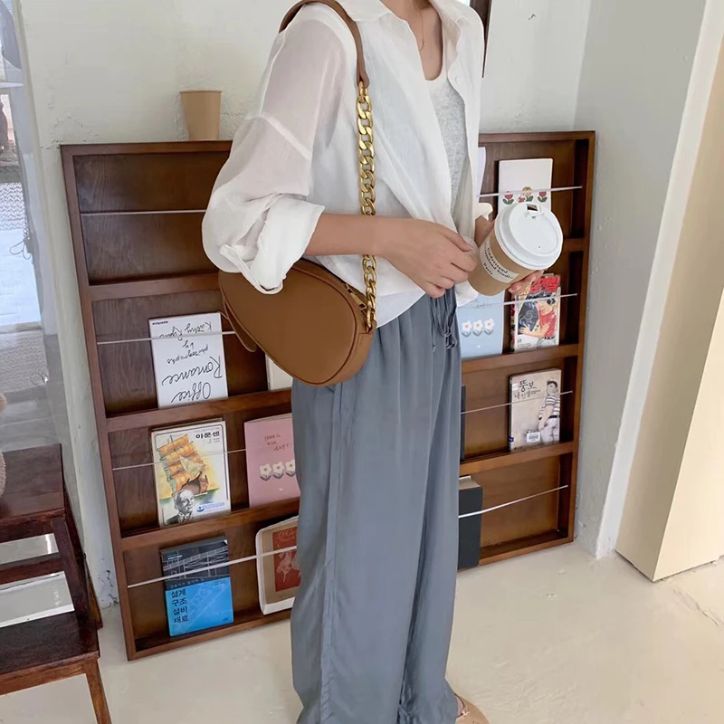 

Retro Ladies Oval Bag Thick Chain Women's Shoulder Bag Niche Design Female Messenger Bag Simple Handbag PU Leather Crossbody Bag