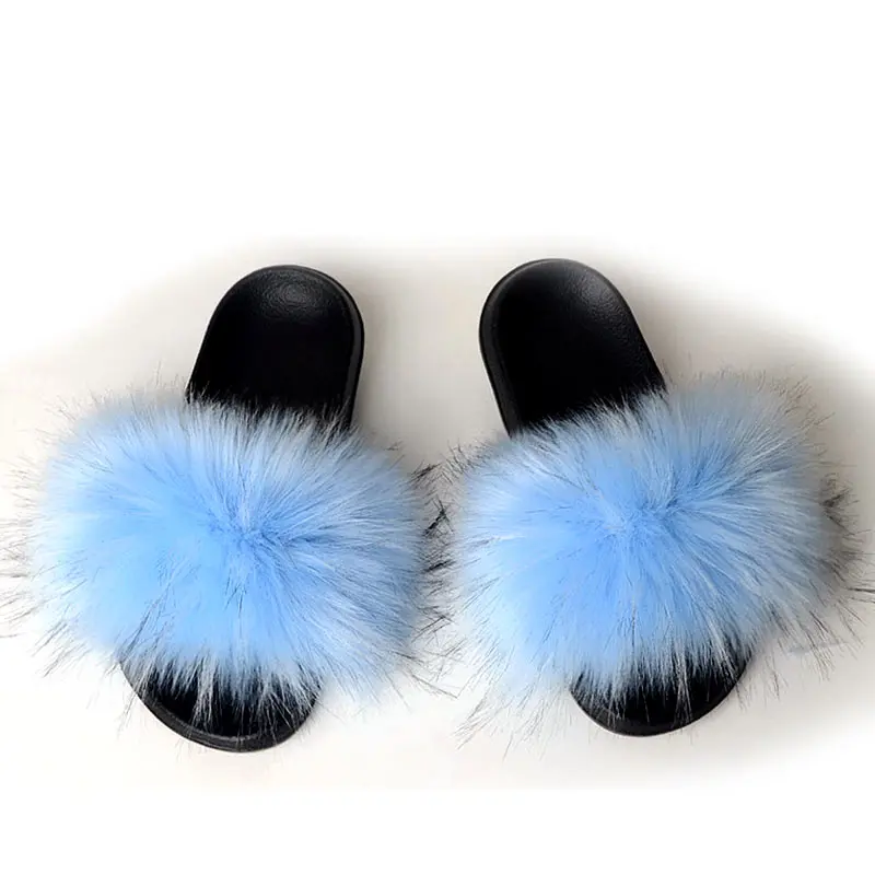 Light blue Женские меховые тапочки; зимние теплые пушистые сланцы из искусственного меха; домашняя обувь на плоской подошве; пушистые шлепанцы; женские повседневные сандалии из пушистого плюша - Цвет: Light blue