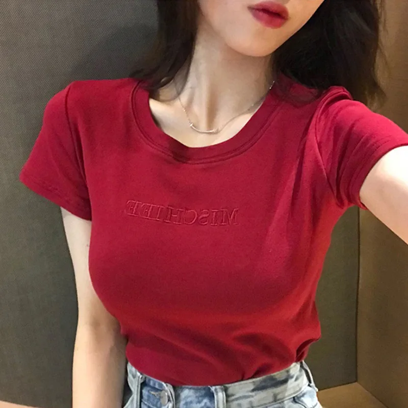 

2021 Women's T-shirts Tops Japanese Kawaii Ladies Ulzzang Embroidered Letter T-shirt Female Korean Harajuku Clothes For Women