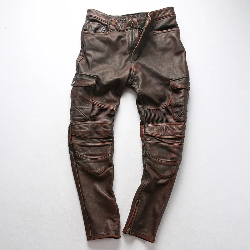 

Free Shipping DHL Genuine with Pockets Designer Vintage Cow Leather Motorcycle Rider Pants Male Warm Long Trousers