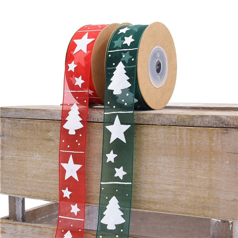 

10Meter Christmas Printed Ribbon For Gift Box Wrapping Hairbow DIY Supplies Transparent Ribbon Stars + Christmas Tree Pattern
