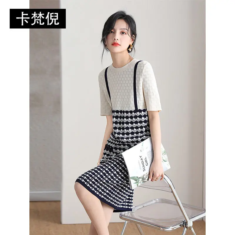 

Dress women's summer fake two-piece skirt summer women's 2021 new knitted ice silk women's clothing