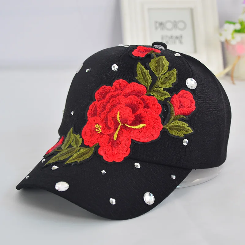 Glitter Ponytail Baseball Cap Women Hat Summer Hat Female Adjustable Hip Hop Hats 3D Rose Flowers Embroidery Sequins Decor