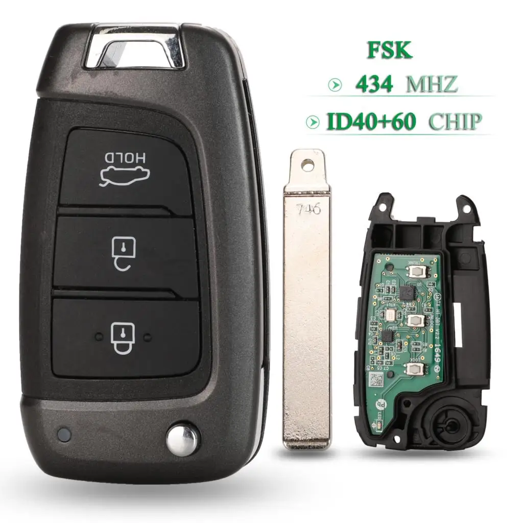

jingyuqin 3 Buttons For Hyundai Accent 2018-2019 Fob Flip Smart Remote Car Key FSK 434Mhz 4D60 Chip P/N: 95430-H5500