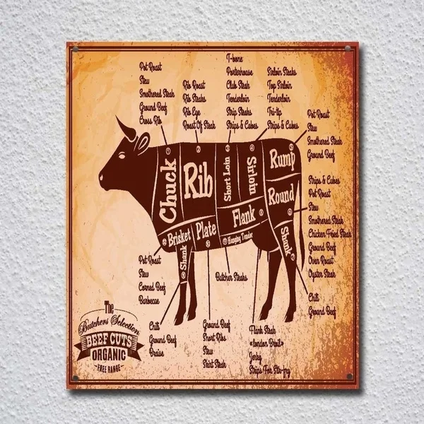 

Beef Cuts Organic Butchers Shop Tin Sign Metal Sign Metal Poster Metal Decor Metal Painting Wall Sticker Wall Sign Wall