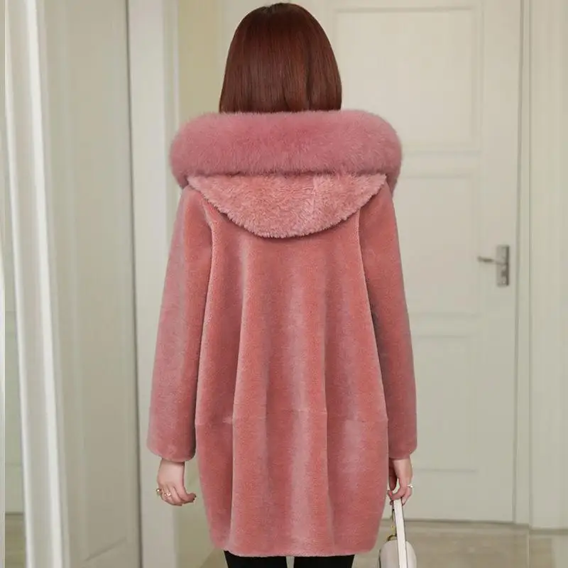 Женская зимняя шуба из овечьей шерсти куртка натурального меха лисы с капюшоном