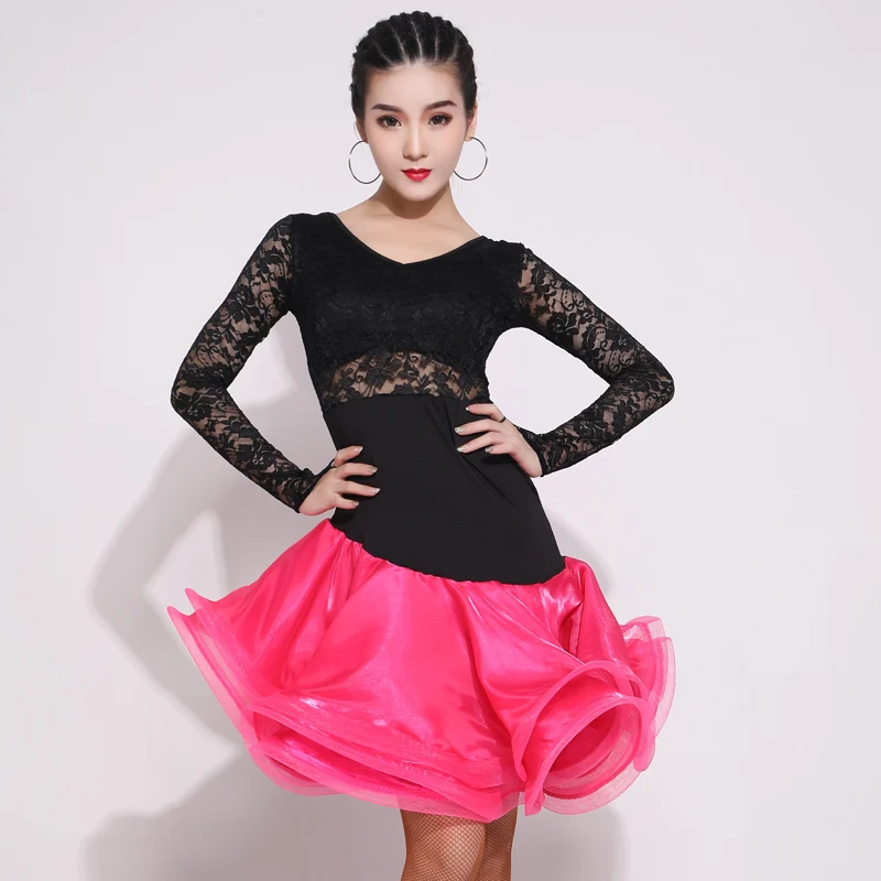 

Fashion Latin Dance Performance Dress Women's Sexy Lace Long-Sleeved Practice Clothes Lotus Leaf Fishbone Dress Outfit DL5485