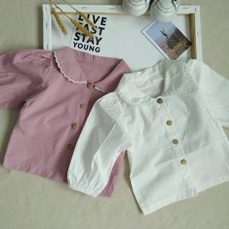 

Детская блузка для маленьких девочек, рубашка на весну и осень, модная рубашка с круглым воротником для девочек, милая кружевная блузка с дл...