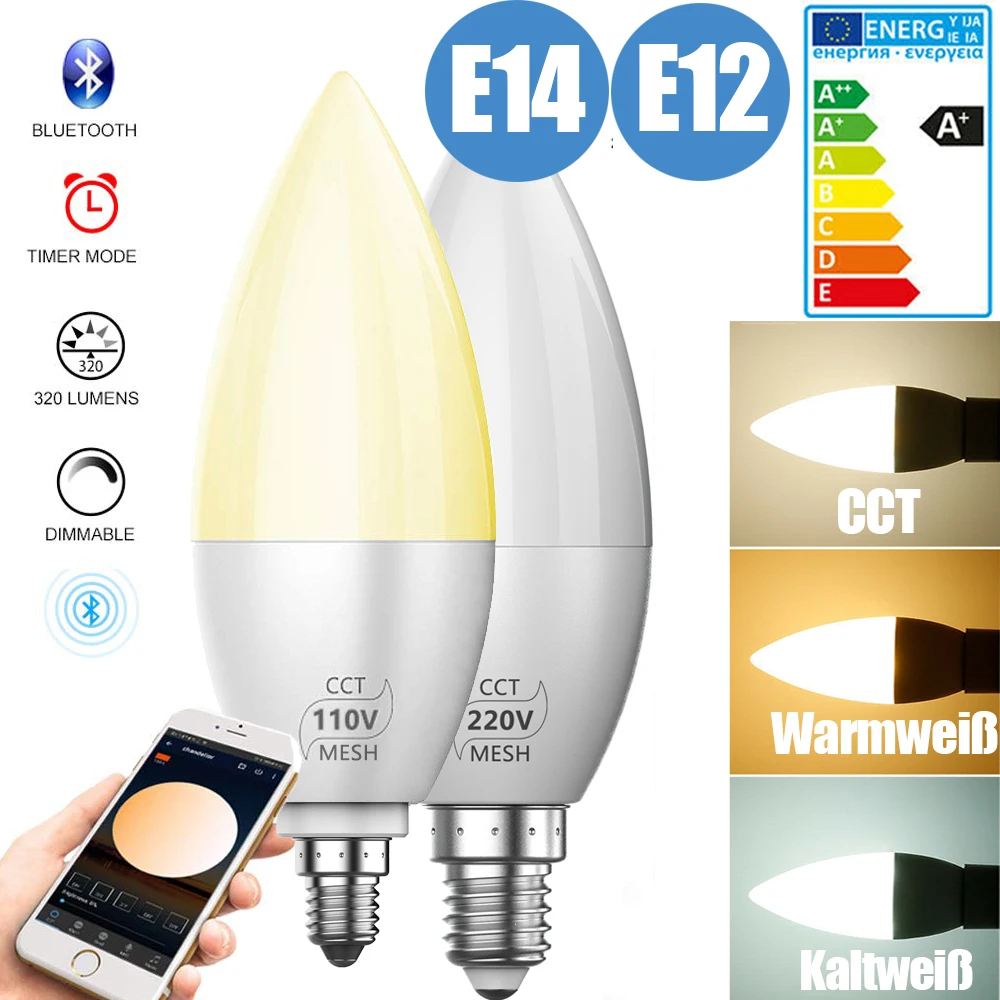 

4W LED Candle Bulb E12 E14 Smart Bluetooth LED Lamp Chandelier Home Decor 2835 SMD Energy Bulbs Dimmable Light lampara led D30