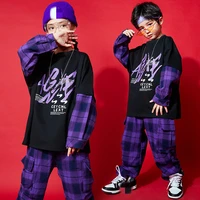 child hip hop clothing loose long sleeve fake sweatshirt tops purple plaid casual pants girls boys jazz dance ballroom clothes