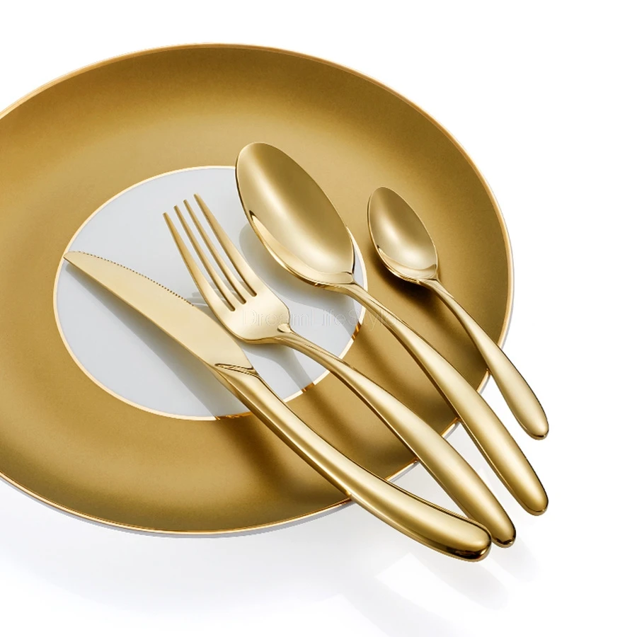 Gold Stainless Steel Cutlery Set Knife and Fork Golden Kerst Bestek Spoon Dinnerware | Дом и сад