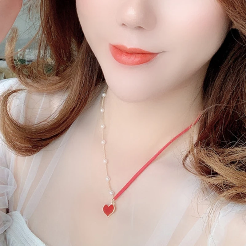 Маленькое красное розовое черное сердце ожерелье ключицы модное простое