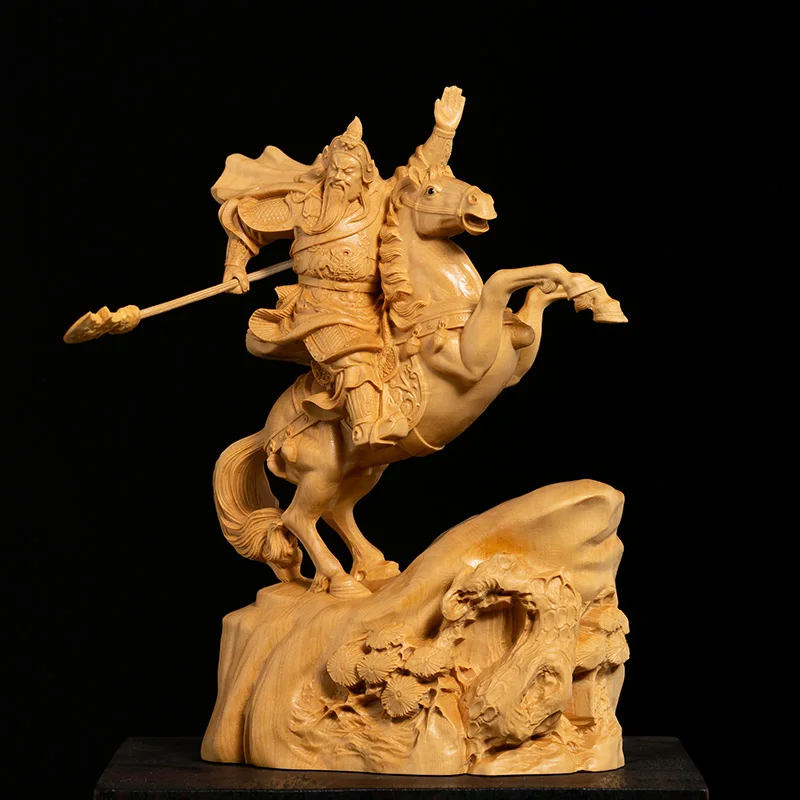 

Lucky Horse Riding Guan Gong Statue Carving Crafts God Wood Carving Car Decoration Mascot Praying