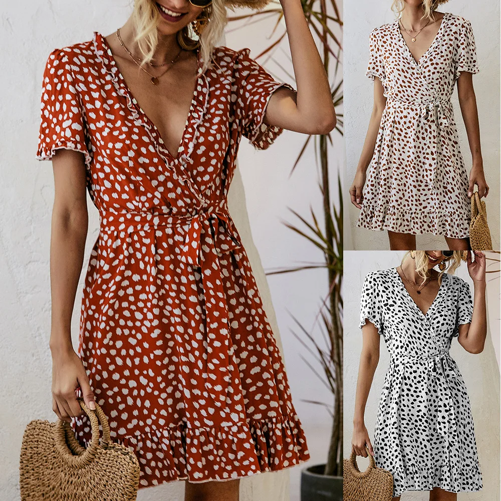 

Print Summer Women Dress Party Short Sleeve Mini Robe Femme Vestidos Casual A Line Bohemian Style Korean Fashion Y2131A