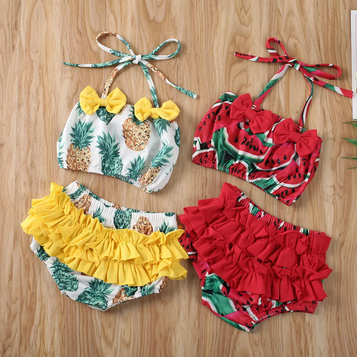 

Baby Girl Watermelon Pineapple Print Bikini Sets Bow Halter Bikini Top Ruffle Briefs 6M-5Y Toddler Kids Swimsuit Bathing Suit