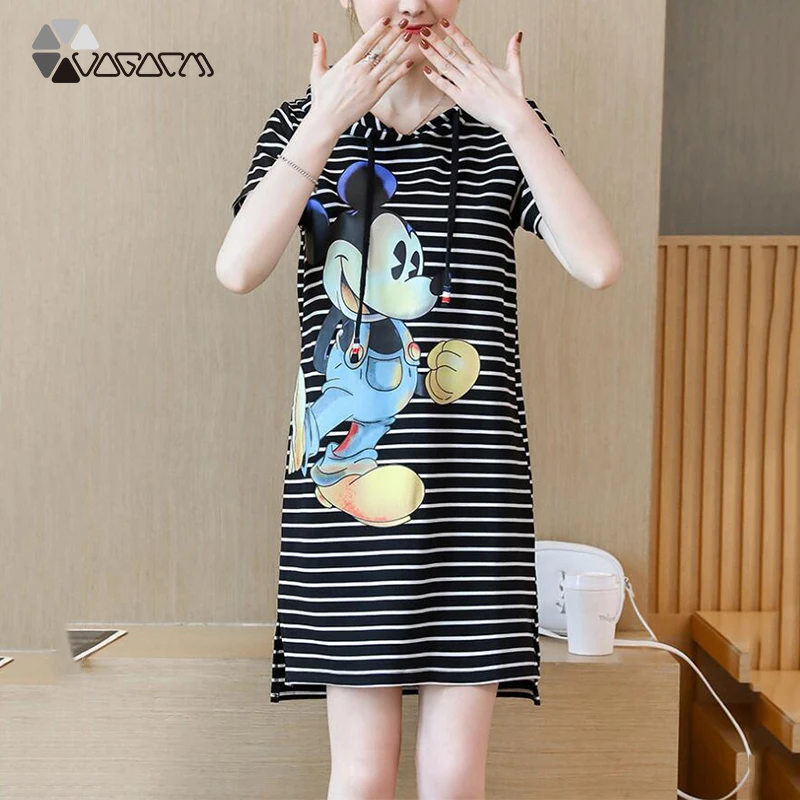 

Hooded Dresses for Women 2021 Mickey Mouse Striped Summer Cartoon Print Robes Short Sleeve Loose Black Casual Party Dress Kawaii