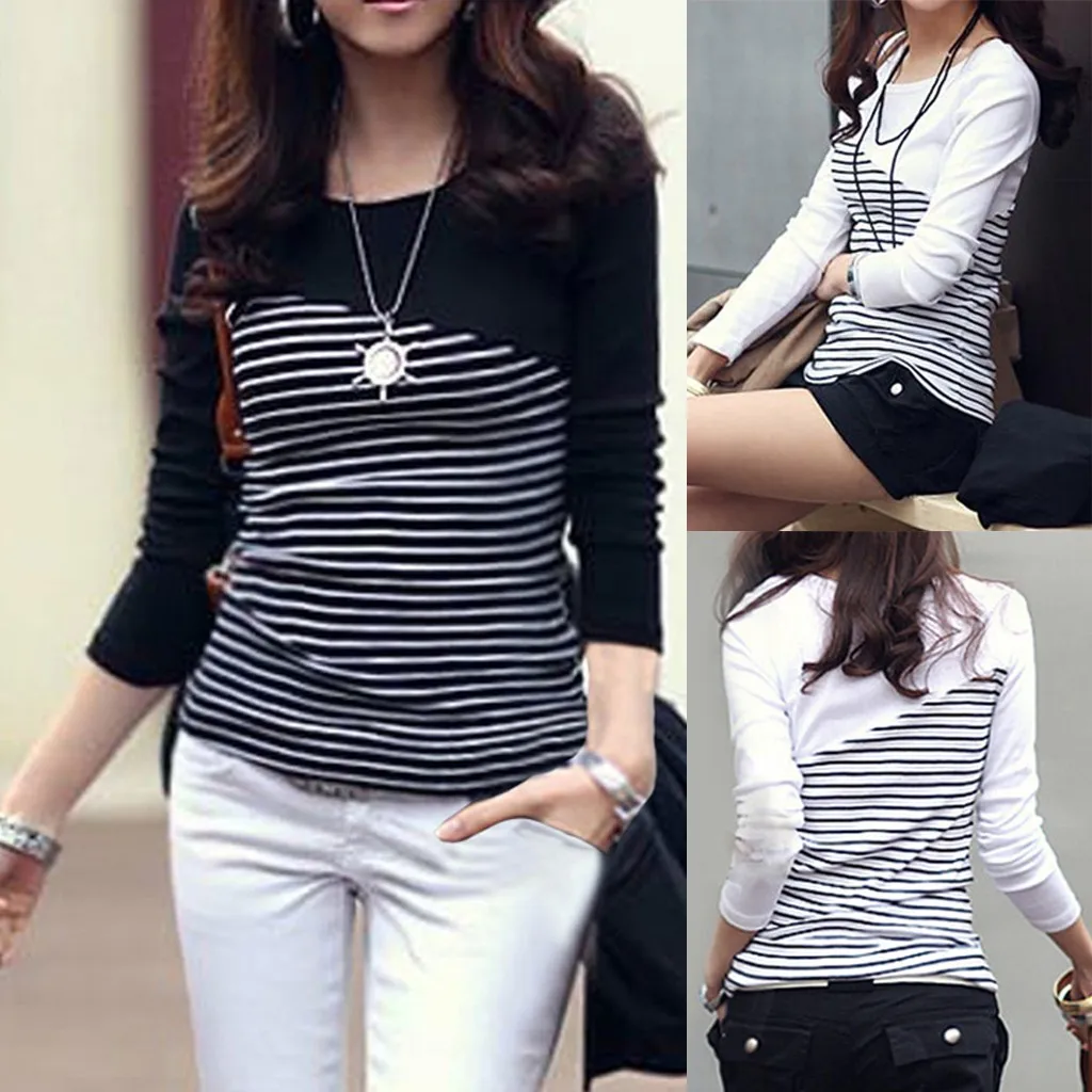 Женская модная футболка в полоску элегантная повседневная с круглым вырезом и
