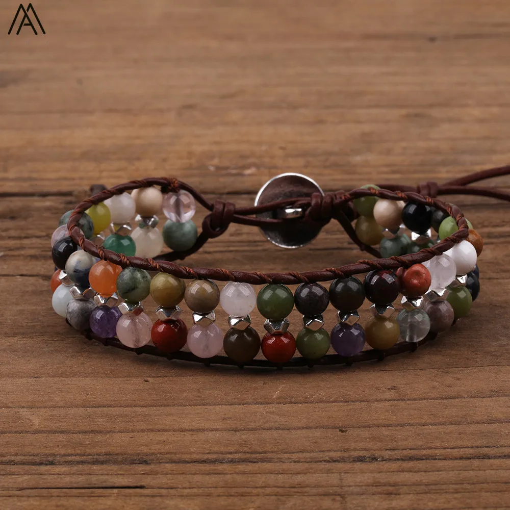 Boho натуральные камни бисер серебряного цвета кожаный браслет 6 мм круглые