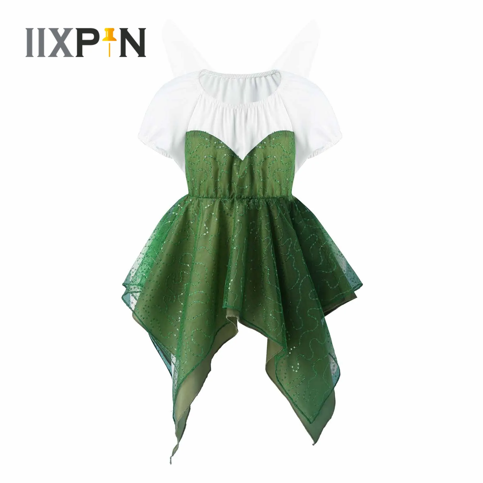 

Kids Cosplay Girl Fairy Princess Dress Costume Green Spliced Irregular Hem Party Dress with Mesh Wings Baby Girls Dress Roleplay
