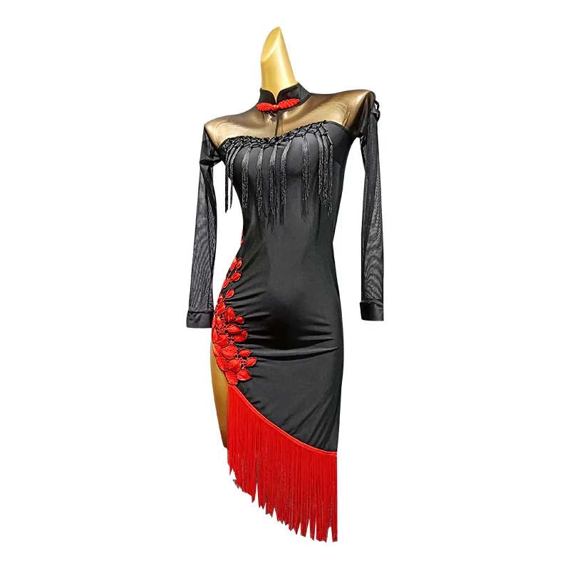 

Latin Dance Dress Women Chinese Cheongsam Collar Sexy Halter Tassel Dresses Rumba Cha Cha Samba SalsaPerformance Wear DN4200