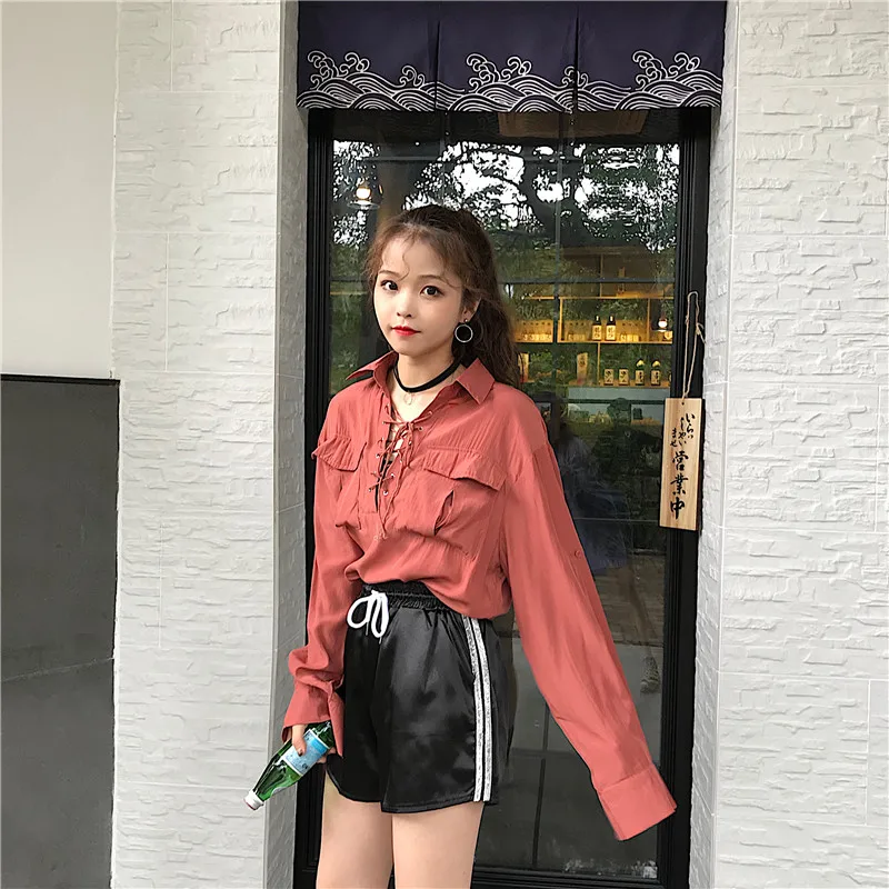 Винтажный отложной воротник карманы белый Harajuku стиль весна и осень женские топы