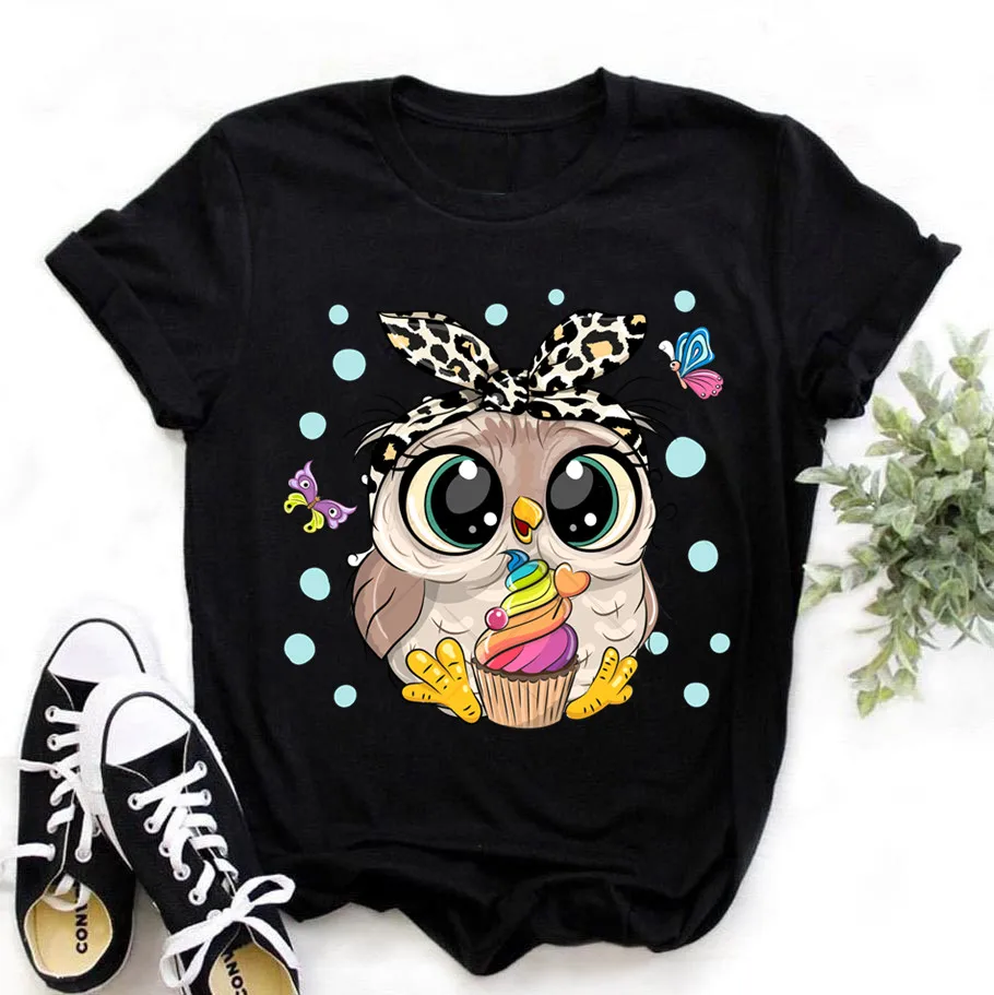 

2021 New Tops Trend Cute Owl Women Print Ladies T-shirt Casual Basics O-collar White Shirt Short Sleeve Ladies T-shirt,Drop Ship