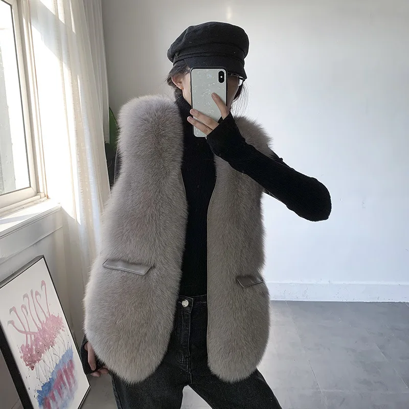 

Fashion Imported Whole Skin Fox Fur Grass Waistcoat Women Middle Long Style 2020 Winter New Leisure Pocket Gray Vest Young Style