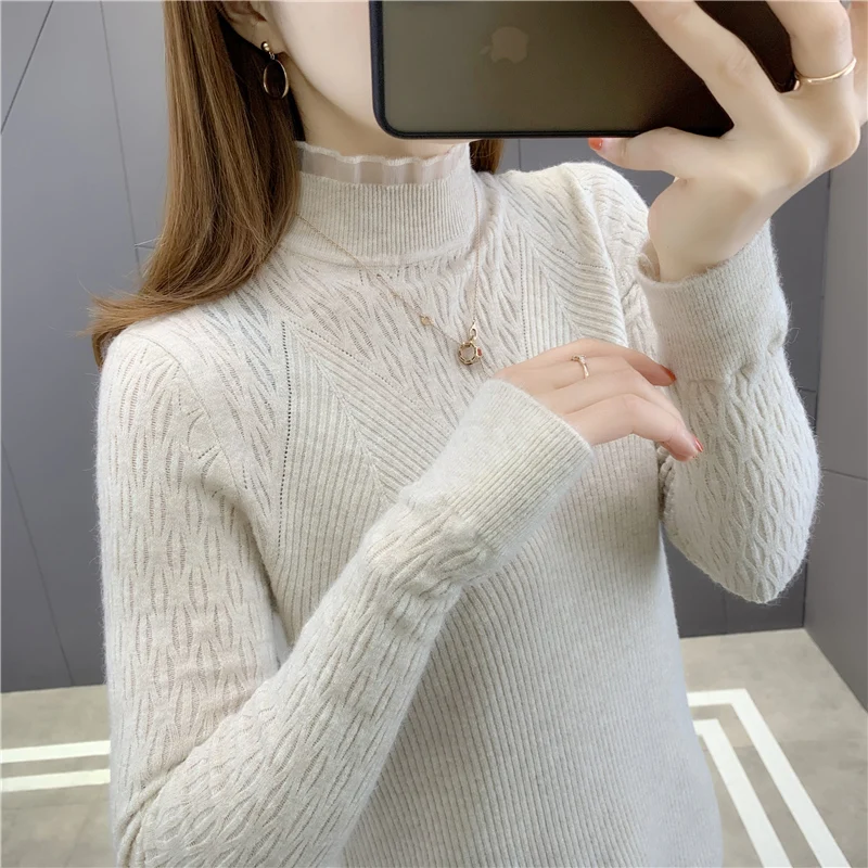 Room 191106 side row No.4 lower] real shot half high collar lace solid color Pullover [1089] 34