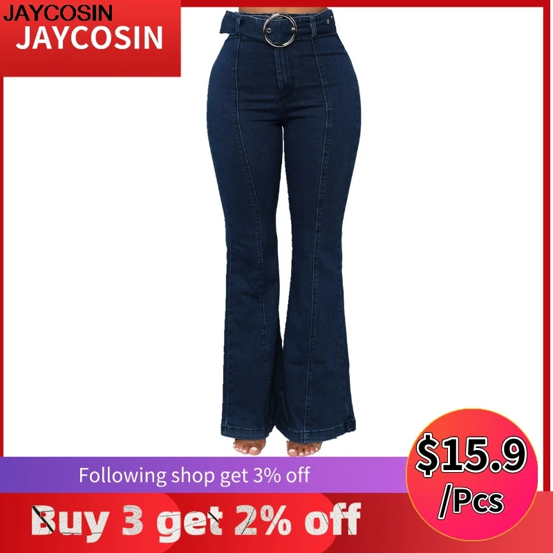 JAYCOSIN джинсы модные женские эластичные плюс свободные джинсовые штаны с карманами и пуговицами повседневные расклешенные брюки длинные джинсы одноцветные с талией 9501