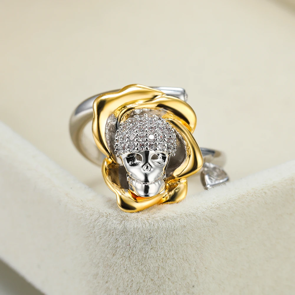 

Punk Female Skull Flower Jewelry Yellow Gold Silver Color Engagement Ring Vintage White Crystal Wedding Rings For Women Gift