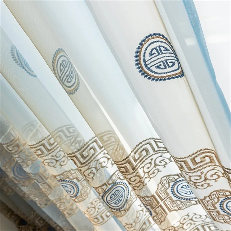 

New Chinese Classic Luxury Geometric Embroidery Tulle For Living Room Bedroom Decoration Kitchen Sheer Window Curtain Drapes 4